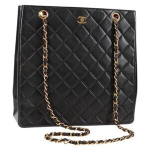 CHANEL Matelasse Chain Tote Bag Lamb Skin Black Gold CC Auth yk18809V